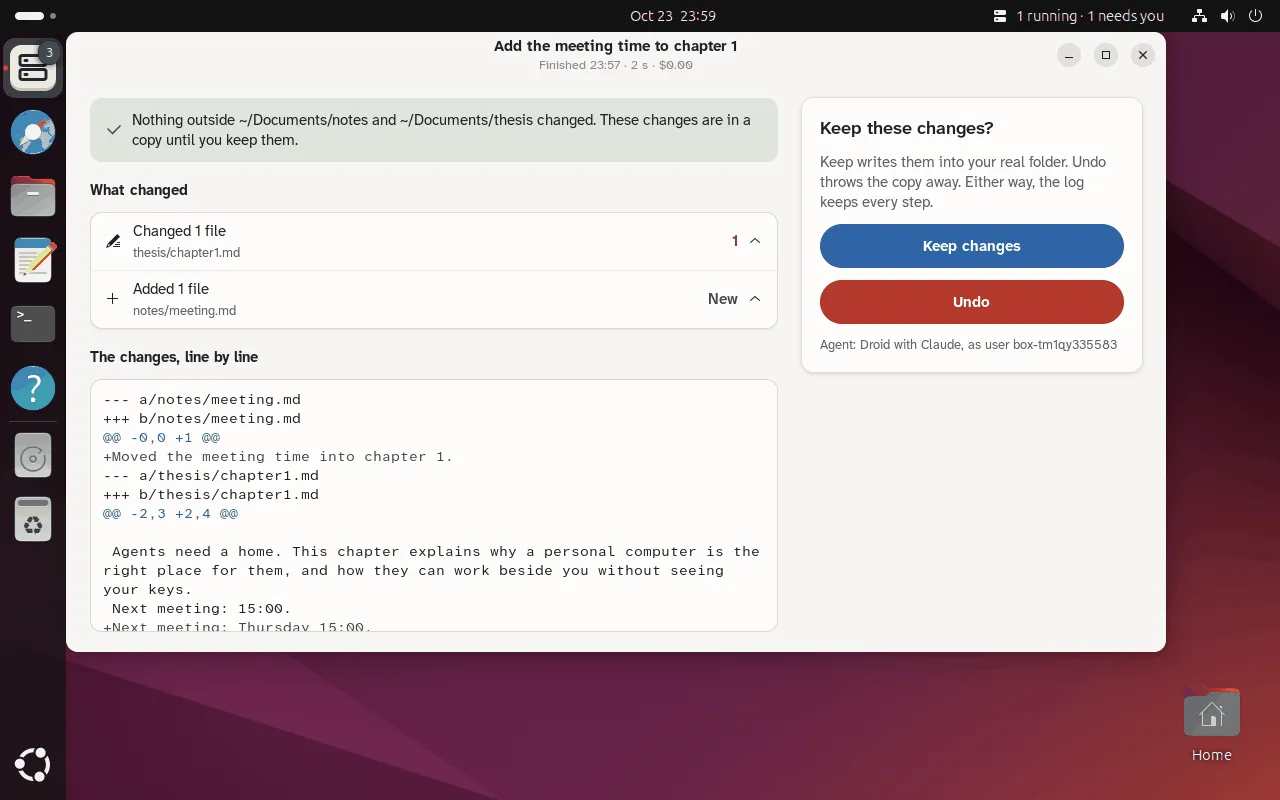 The real GNOME review window in the GurtOS system: what changed, the diff line by line, and Keep changes or Undo.