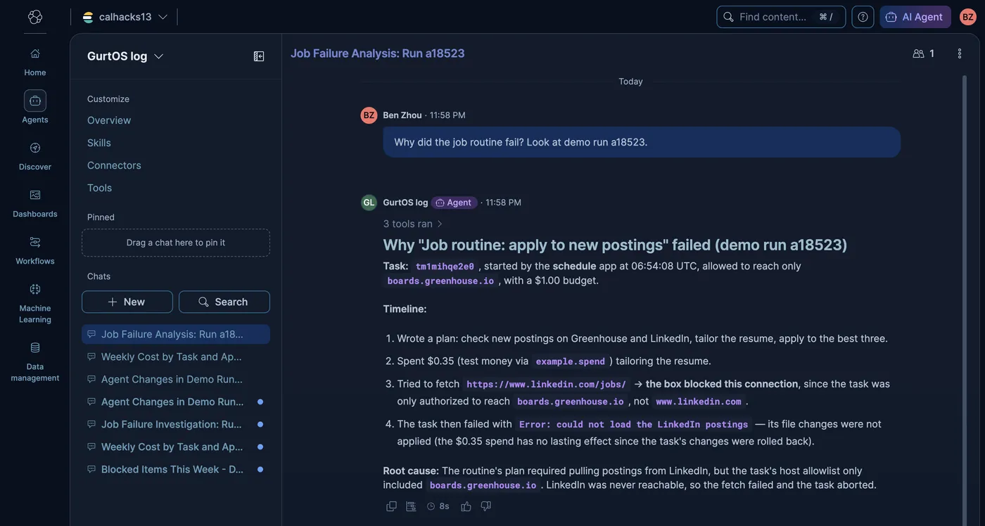 Kibana Agent Builder chat: asked why the job routine failed in demo run a18523, the GurtOS log agent lays out the task's timeline and names the root cause: the box blocked www.linkedin.com because the task could only reach boards.greenhouse.io.
