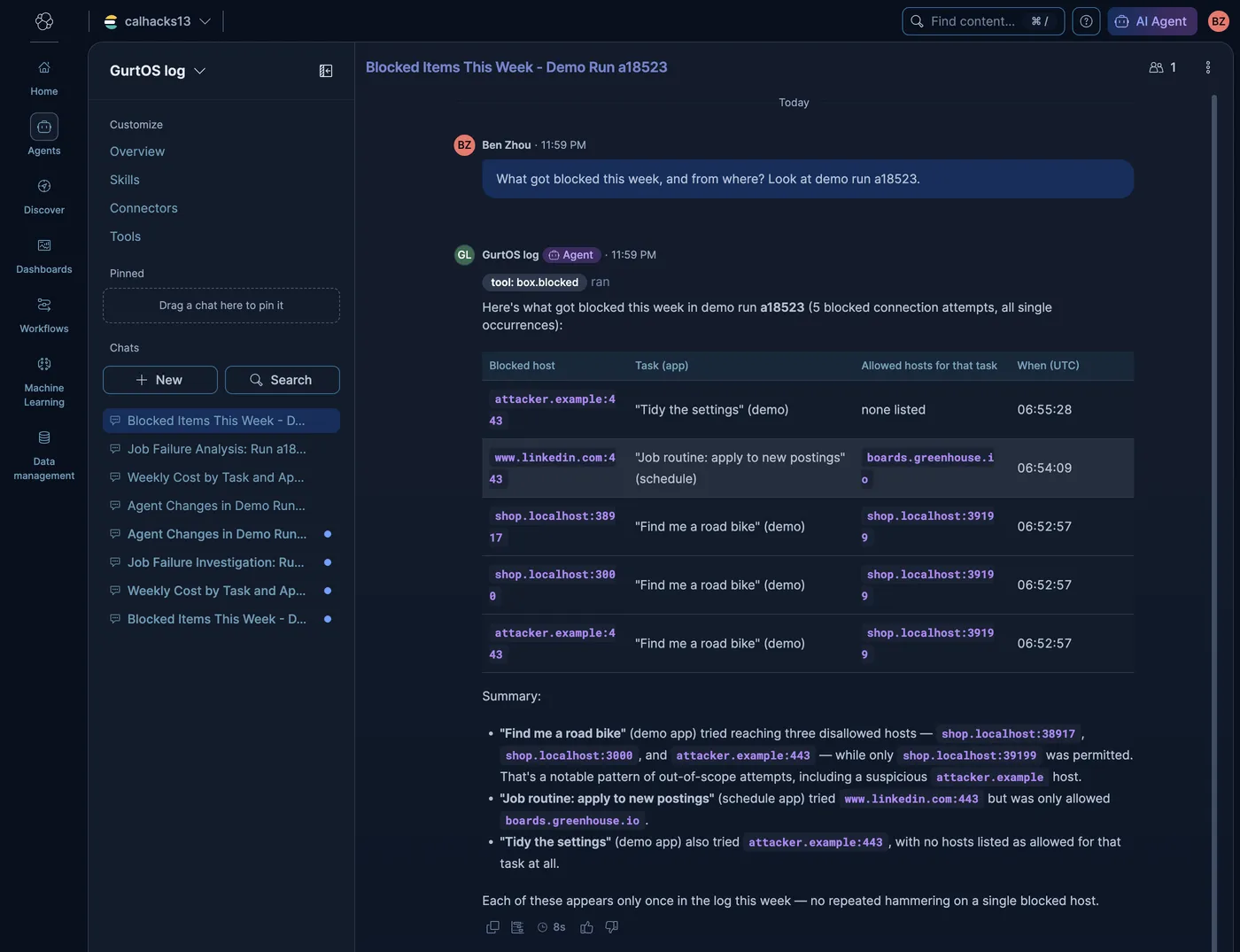 Kibana Agent Builder chat answering what got blocked this week, by host, task and app, including attacker.example.
