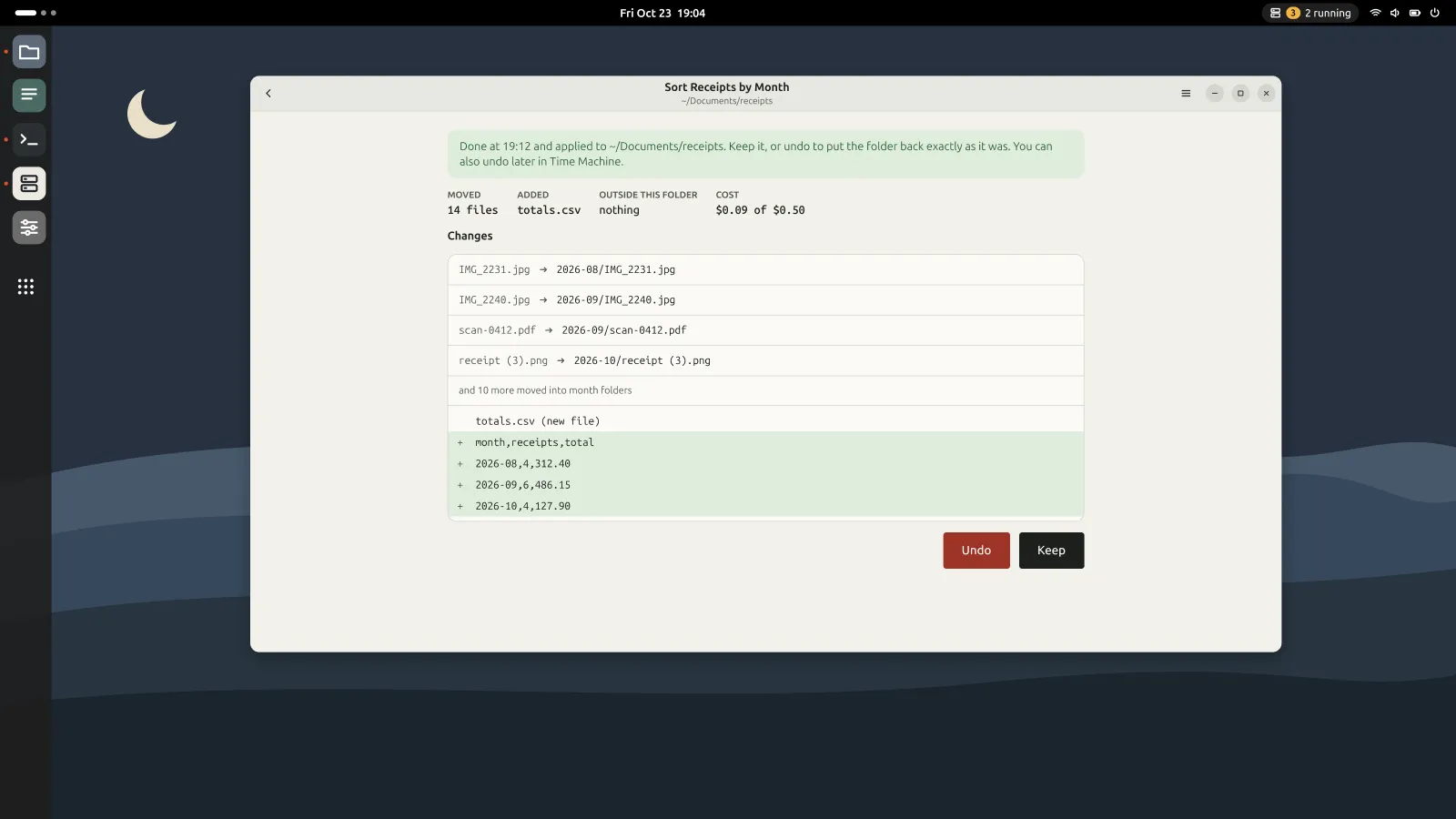 Design for GurtOS Personal: a finished task's review window with what moved, what was added, the cost, and Undo and Keep.