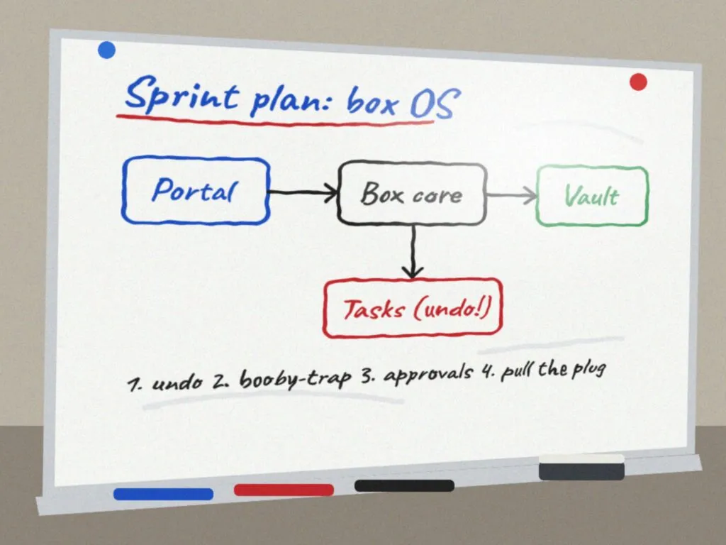 A rendered photo of a whiteboard reading Sprint plan: box OS, with boxes for Portal, Box core, Vault and Tasks.