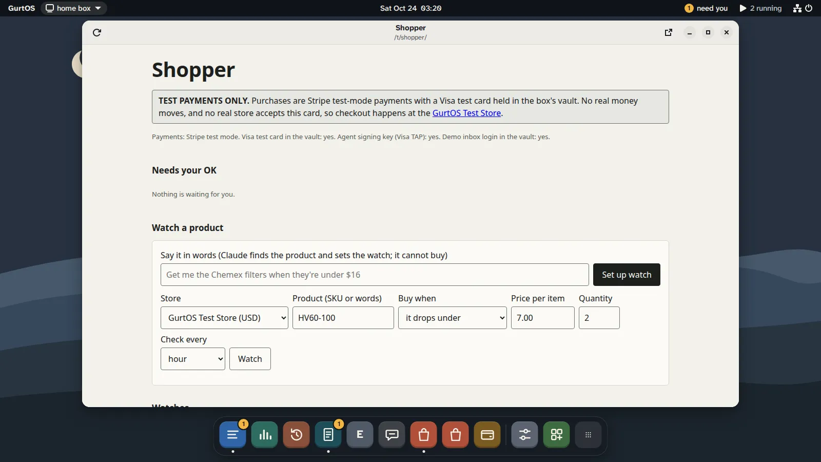 The Shopper app running on the box screen, with a form to watch a product by store, product, price limit and quantity.