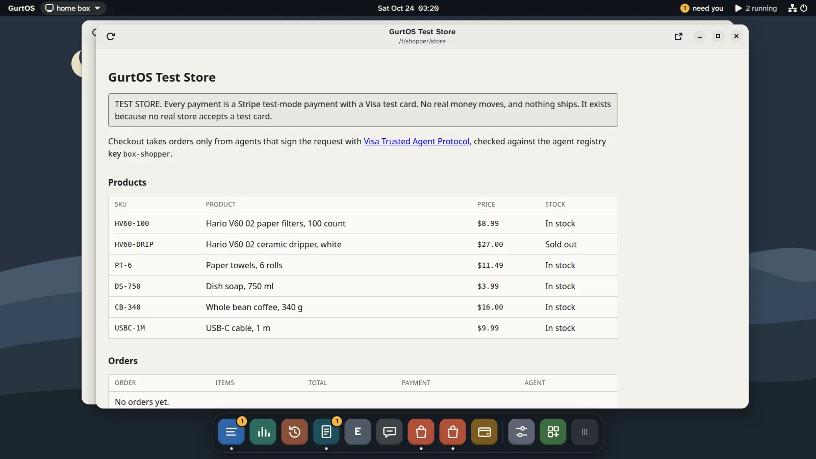 The GurtOS Test Store: a TEST STORE notice, the rule that checkout takes only orders signed with Visa Trusted Agent Protocol, and a product table with prices and stock.