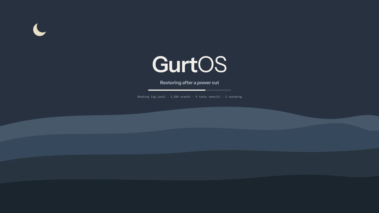 The boot screen design: the GurtOS wordmark over dusk hills and a crescent moon, with progress while the box rebuilds its tasks.