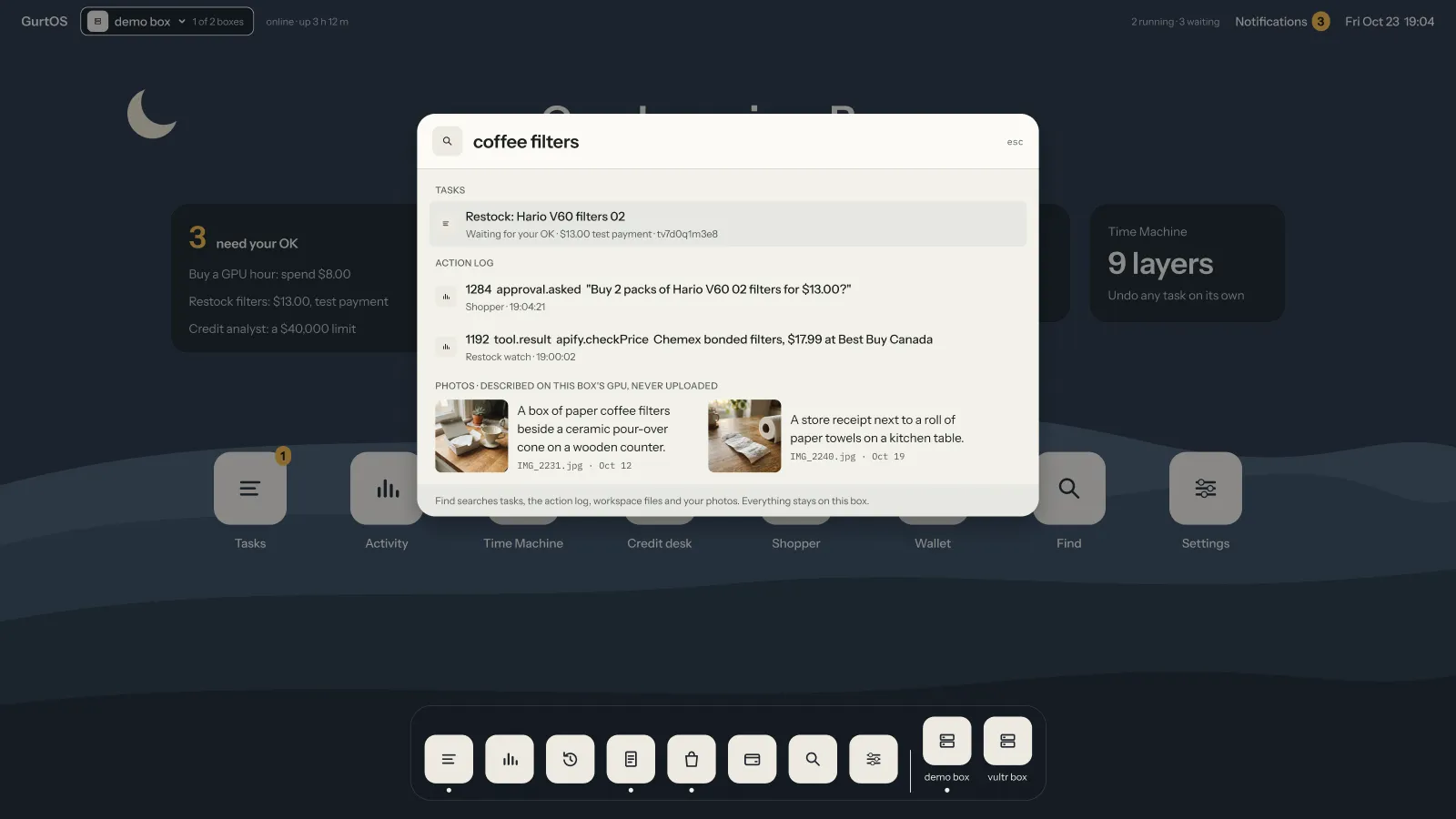The Figma design of Find on the box screen: a Spotlight-style search over tasks, the action log, files and photos.