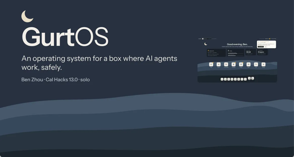 Slide 1 of the pitch deck: the GurtOS wordmark over the night wallpaper, with the tagline and the box home screen.