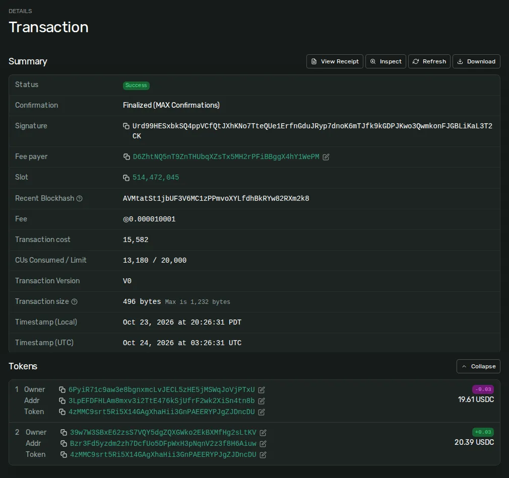 Solana Explorer showing a finalized devnet transaction: the fee payer is the facilitator, and the token section shows 0.03 USDC leaving the box wallet and arriving at the payee.