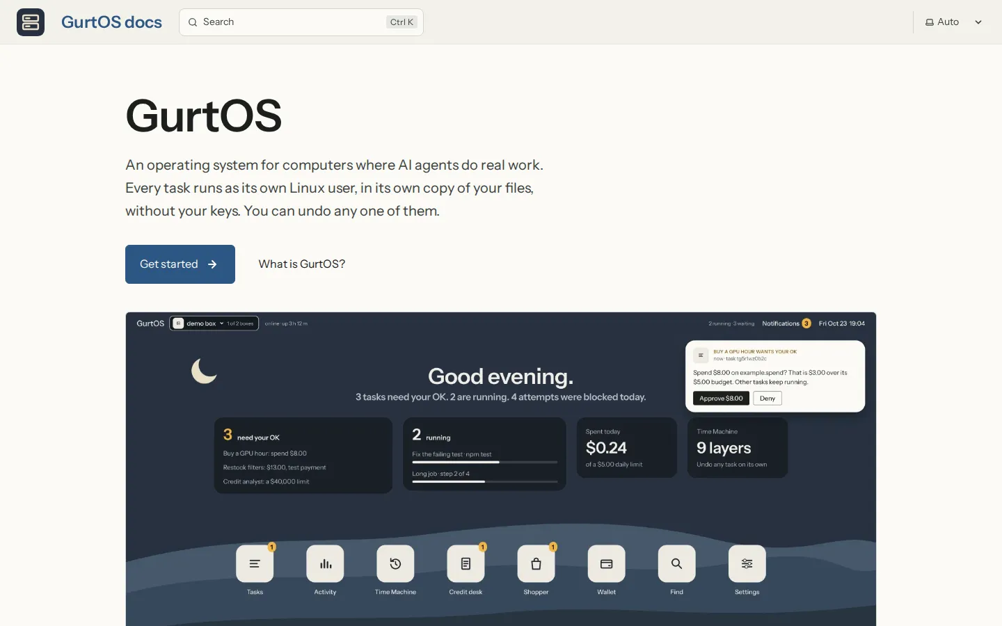 The GurtOS docs home page at gurtos.com: the GurtOS title, a one-line description, Get started, and the box home screen.