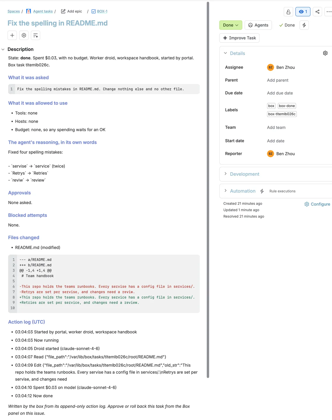 A box task as a Jira issue: what it was asked, what it could use, its reasoning, files changed with the diff, and the action log.