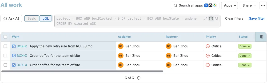 A JQL search on the fields the Forge app indexes, listing BOX-2, BOX-3 and BOX-4.