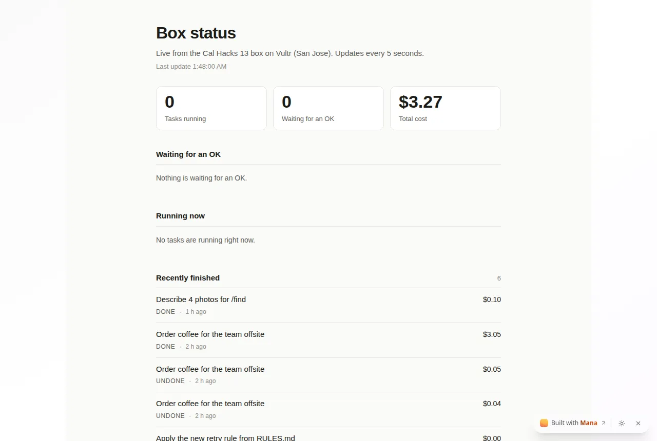 The public GurtOS status app in Mana, reading the Vultr box live: 0 running, 0 waiting, 3.27 dollars total, and six recently finished tasks.