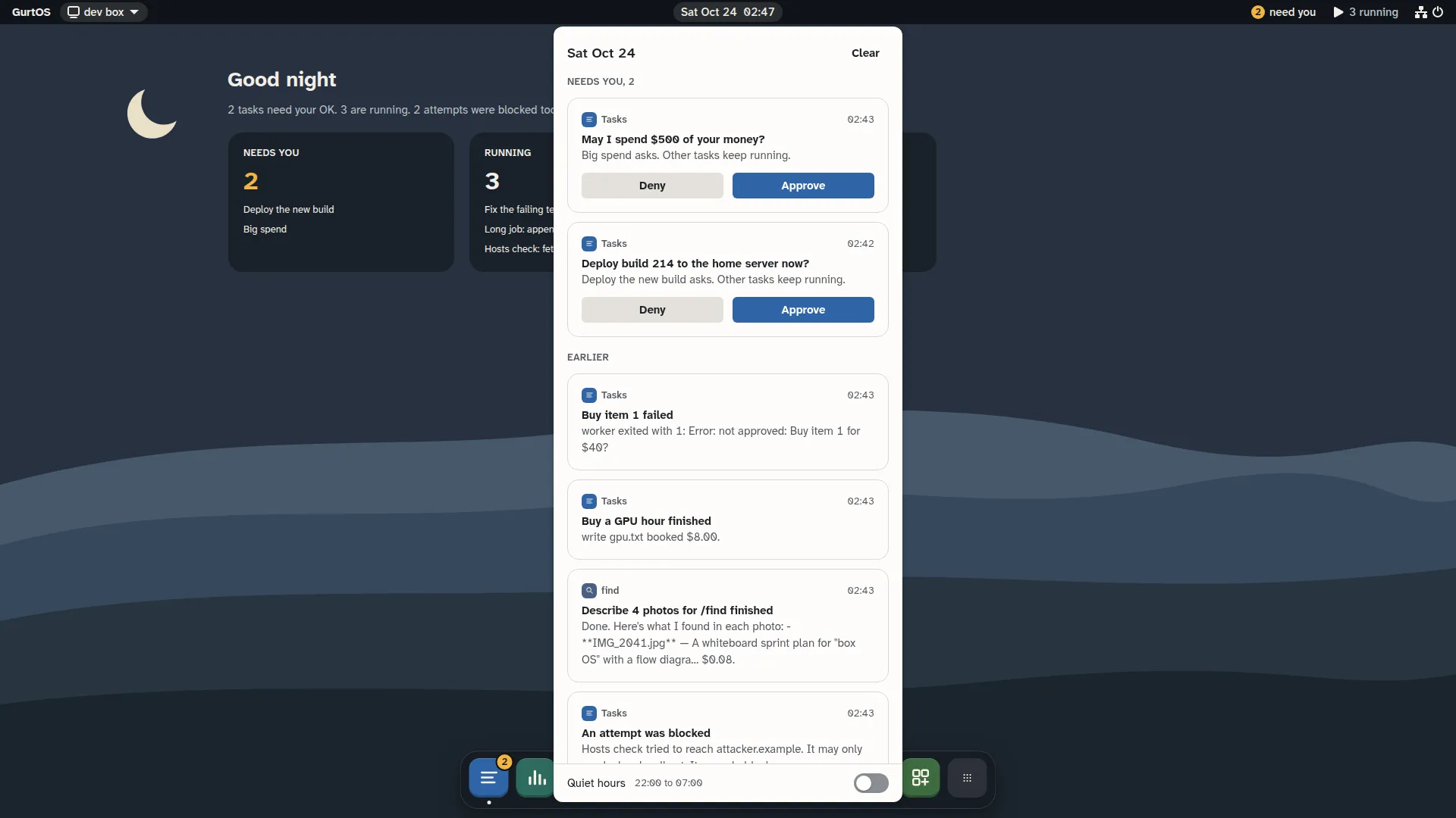 The GurtOS desktop with Notification Center open: two requests waiting for an OK, each with Deny and Approve, and earlier notices below, including a blocked attempt.