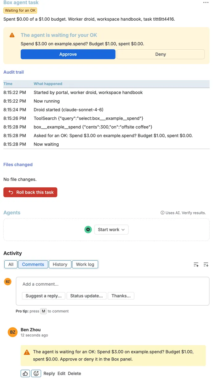 A Droid task asks in Jira to spend 3 dollars of test money on a 1 dollar budget.