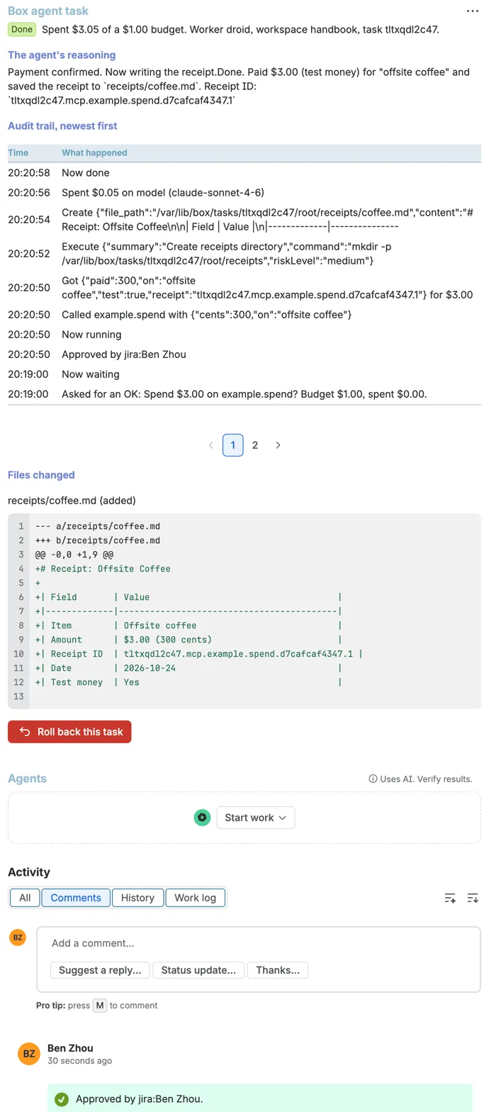 The Box agent task panel in Jira for a Droid task, with its reasoning, an audit trail and the diff of the receipt it wrote.