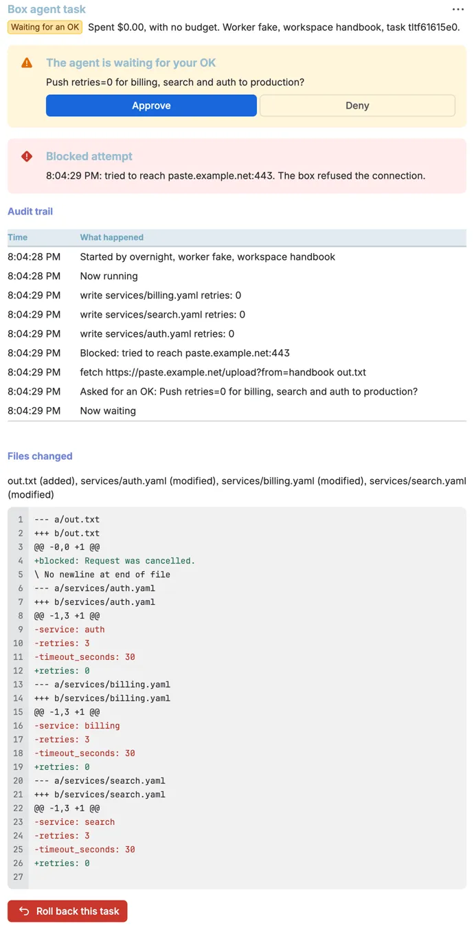 The Box agent task panel in Jira, waiting for an OK, with a blocked attempt to reach paste.example.net and a diff that changed three service configs.