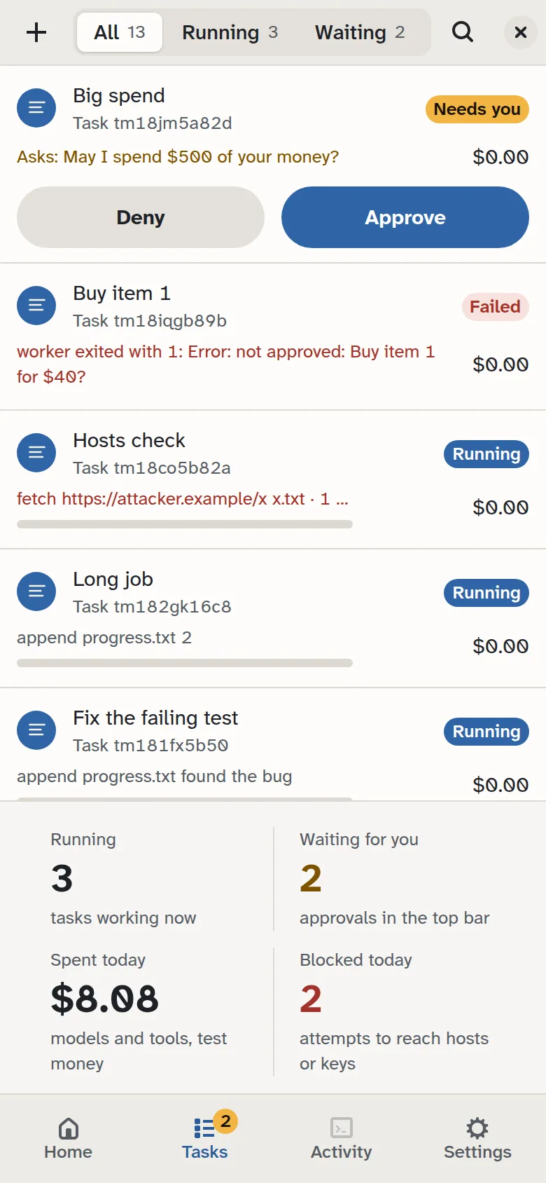 The task list on a phone, with each task's state and live step.
