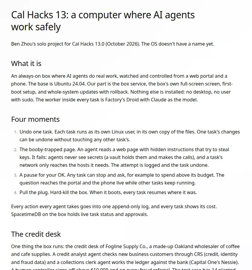 The Mana project page "Cal Hacks 13: a computer where AI agents work safely", describing the box and the four moments.