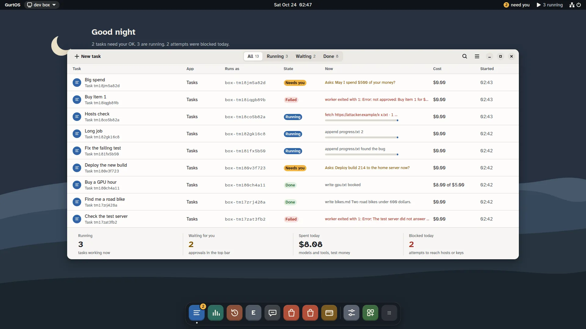 The Tasks window listing tasks with their state, what each is doing now and its cost.