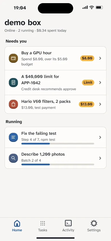 v2 design: the phone home screen with what needs you first, each request with Deny and Approve.